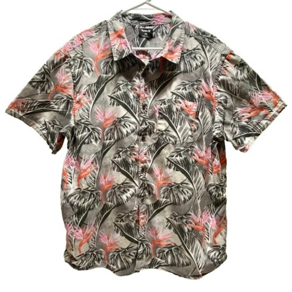 HURLEY Hawiian Button-Up Shirt Men's XXL Gray‎ Floral Lightweight Casual Beach
